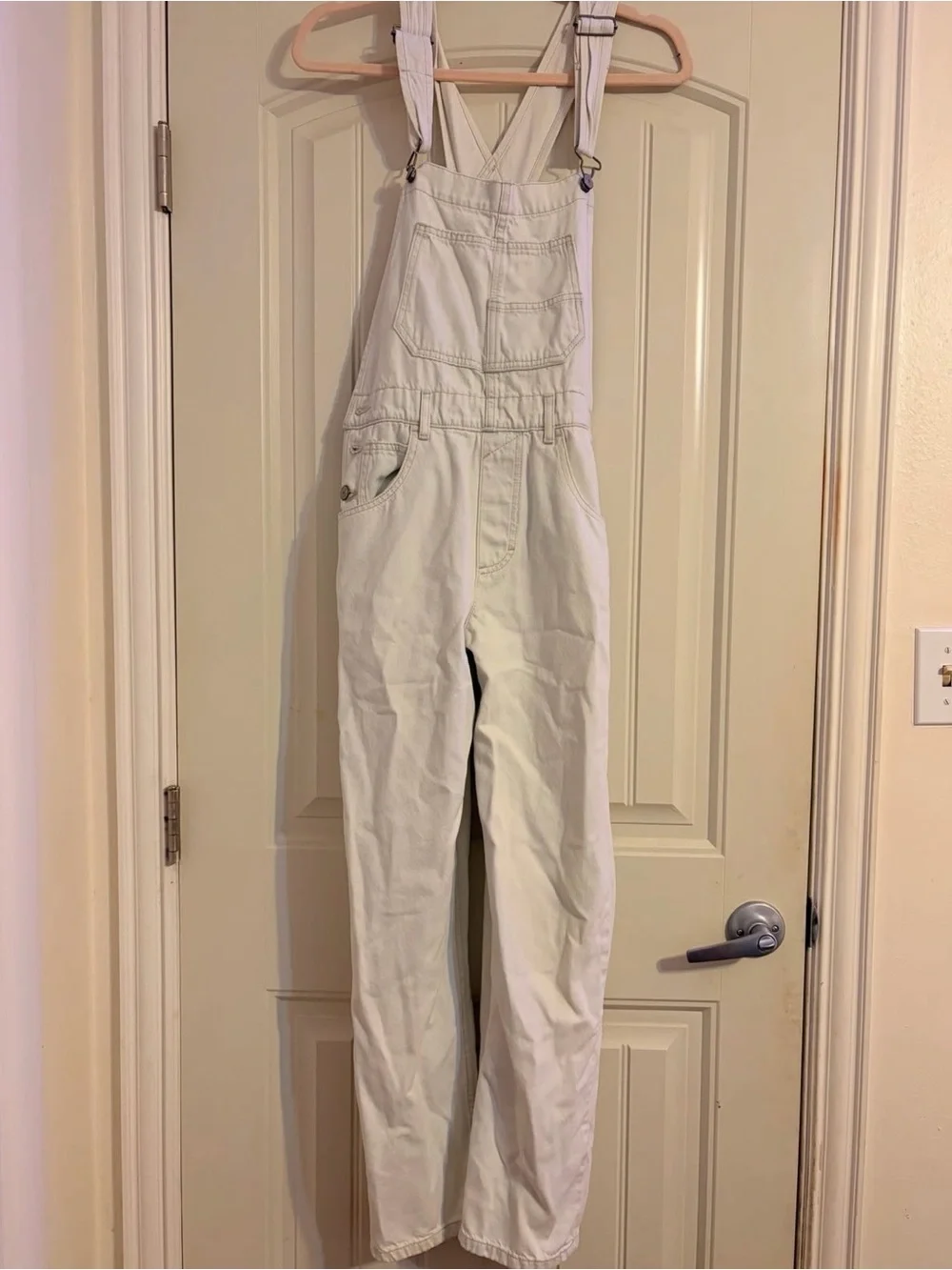 Free People Cream White Denim Overalls